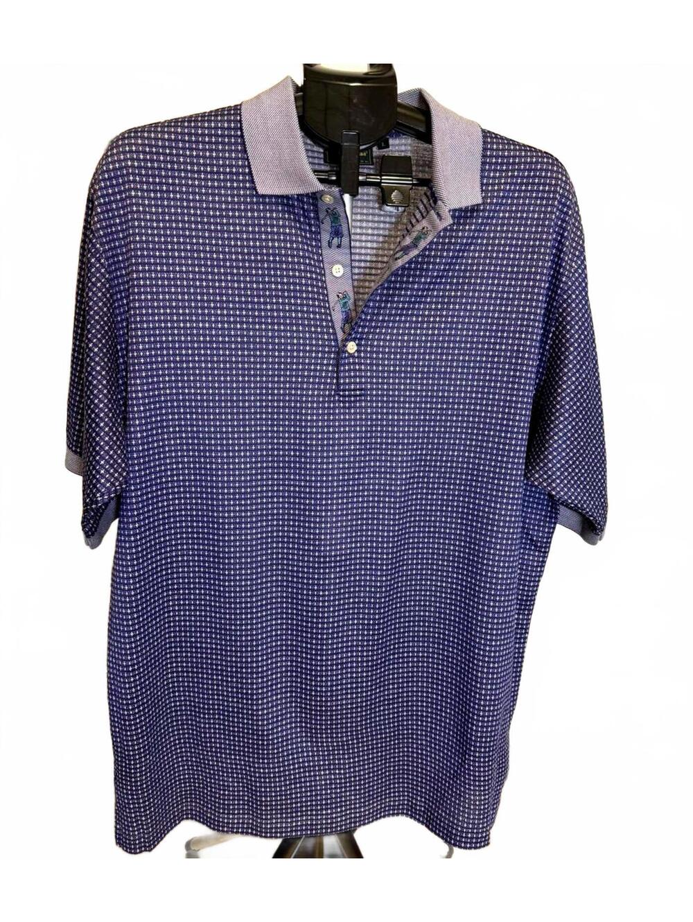BOBBY JONES COLLECTION MENS GOLF POLO SHIRT LRG ITALY GEO PRINT GOLFER PLACARD